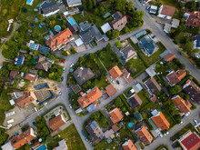Aerial View Of Traditional Village In Germany. Looking Straight Down With A Satellite Image Style, The Houses Look Like A Miniature Village