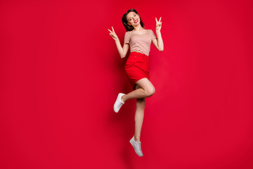 Wall Mural - Full body length size photo of pretty sweet lovely gorgeous shiny teen lady having holidays giving v-sign isolated bright background