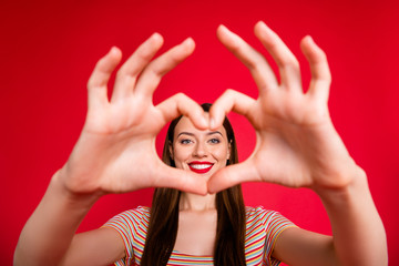 Poster - Close-up photo of pretty nice glad positive cheerful optimistic attractive dream sweet lady making heart shape to camera isolated bright background