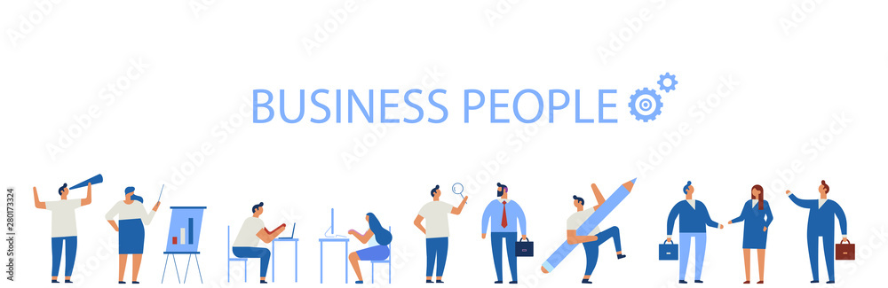 Business People horizontal banner. Business team. Teamwork, brainstorming. Success. Men and women. Flat vector characters isolated on white.	 - obrazy, fototapety, plakaty 