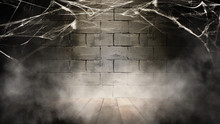 Halloween Background. Background Of Old Brick Wall, Cobweb, Smoke, Concrete Floor