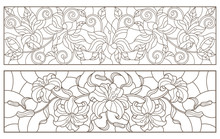 Set Of Contour Stained Glass Illustrations With Bouquets And Lilies Flowers, Horizontal  Oriented, Dark Outlines On White Background