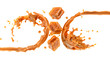 Liquid sweet melted caramel, caramel sauce or boiled condensed milk swirl 3D splash with toffees candies. Yummy sweet caramel fudge toffee candies and yummy sauce. Advertising design element isolated