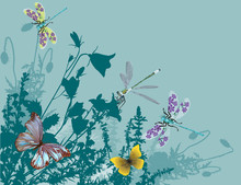 Insects In Grass And Flowers Isolated On Cyan
