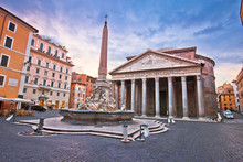 Pantheon Square Ancient Landmark In Eternal City Of Rome Dawn View