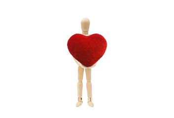 Valentine Day Concept : Wooden figure mannequin holding red heart shape isolated on white background.