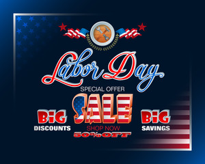 Poster -  Holidays, design background with 3d texts and national flag colors for American, Labor day, sales, commercial event; Vector illustration