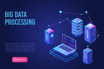 Poster - Big data processing and analysing landing page vector template. Analytics data servers, Server room banner, web hosting concept, ultraviolet isometric vector illustration.