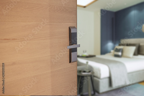 Digital Door Lock Installed On Wood Door For Security And