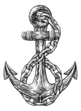 An Anchor From A Boat Or Ship With A Chain Wrapped Around It Tattoo Or Retro Style Woodcut Etching Drawing In A Vintage Style