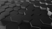 Abstract Dark Hexagon Geometry Background. 3d Illustration Of Simple Primitives With Six Angles In Front