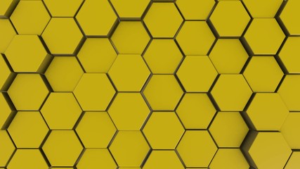 Wall Mural - Yellow hexagon geometry background. 3d illustration of simple primitives with six angles in front