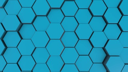 Wall Mural - Blue hexagon geometry background. 3d illustration of simple primitives with six angles in front