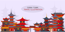 Vector Greeting Card With Chinese Traditional Temples And Buildings On Light Gray Background.