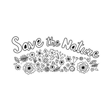 Save the nature outline lettering on white background with car sign. Environment pollution and electric car concept. Vector