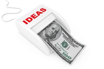 Poster - make money with ideas concept. money maker ideas machine with dollars banknote. 3d rendering