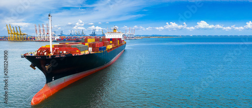 Fotomural Aerial view container cargo ship carrying commercial container in import export business commerce logistic and transportation of international by container ship boat with copy space for banner web