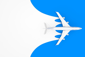 Poster - Top View of White Jet Passenger's Airplane with Blank Space for Your Design Mock Up on a blue background. 3d Rendering