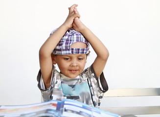 little boy with his school books back to school on white background stock image and stock photo