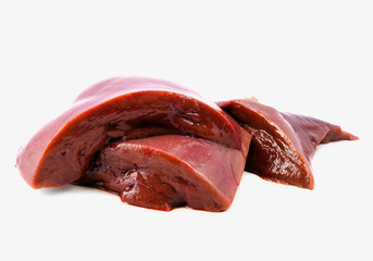 pile of beef liver on white background