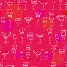 Fun Pink Cocktail Glasses Seamless Pattern, Colorful Girly Party Background, Great For Celebration Banners, Wallpapers, Textiles, Fabrics - Vector Surface Design