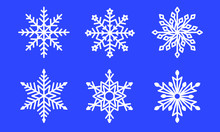 Set Of Laser Cutting Openwork Snowflakes. Christmas Decoration. Template For Cut Out Paper Snowflake Isolated On Blue Background. Vector Silhouette, Stencil For Scrapbooking, Woodcut, Carved Wood.