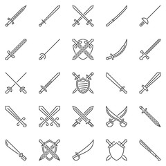 Sword outline concept icons set. Crossed swords, katana and shield vector symbols in thin line style