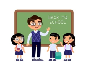 Wall Mural - Teacher greeting pupils in classroom flat vector illustration