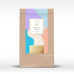 Wall Mural - Craft Paper Bag with Minty Chocolate Label. Abstract Vector Packaging Design Layout with Realistic Shadows. Modern Typography, Hand Drawn Vanilla Flower Silhouette and Colorful Background.