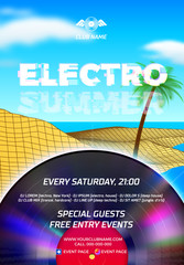 Poster - Beach party poster for clubbing dance event with 80s retro or synth wave style and palm trees