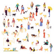 © akini - Set of many people walking with dogs. Men and women outdoors with pets