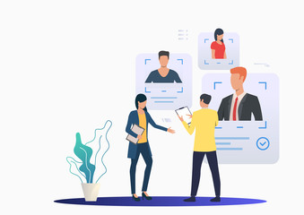 Poster - Recruiting professionals studying candidate profiles. Man and woman, teamwork, CV. Human resource concept. Vector illustration can be used for topics like recruitment, hiring, selection