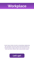 Poster - Workplace page template with violet header, button, sample text. Mobile, screen, webpage. Internet technologies concept. Vector illustration can be used for presentation slide, web design, new project