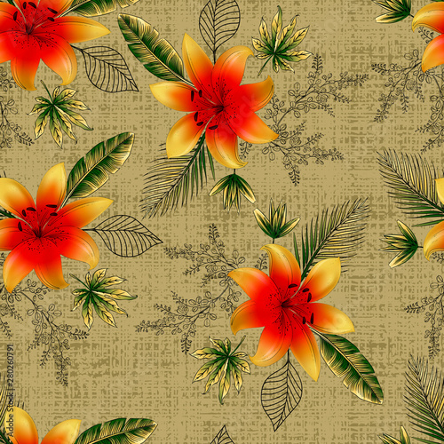 beautiful  flower and branches with leaf seamless pattern