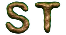 Letter Set S, T Made Of Realistic 3d Render Natural Gold Snake Skin Texture.
