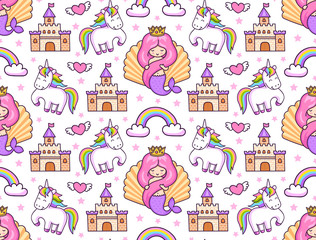  Mermaids, magic unicorns, rainbow and castle. Seamless pattern. Print for textile, bed linen and fabric, posters, decor, paper and wallpaper. Vector illustration