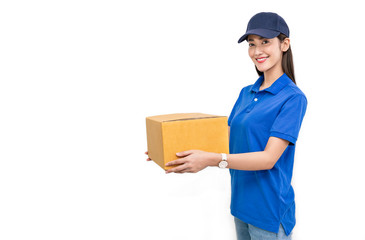 Wall Mural - Portrait of happy delivery asian woman her hands holding cardboard box isolated on white background, young asian woman carry brown box sending delivery service concept