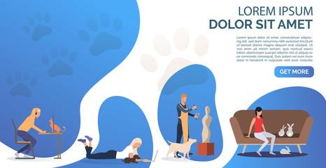 Cat, dogs and rabbits owners having leisure time. Fun, animal, friend concept. Presentation slide template. Vector illustration for topics like lifestyle, pet care
