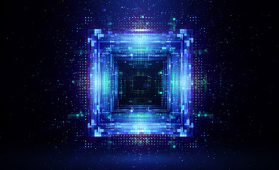 abstract dark background. bright box. shine square. sci fi shape. light blue geometry. smart code. e