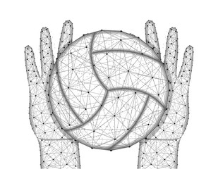 Poster - Hands and ball for playing volleyball low poly design, sports game in polygonal style, catch or throw the ball wireframe vector illustration made from points and lines on a white background