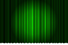 Closed Luxury Green Curtain With Many Shadow Stage Background Spotlight Beam Illuminated. Theatrical Fabric Drapes Stage Opening Ceremony. Vector Illustration