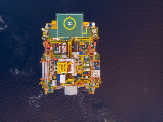 Offshore oil rig for installation sea for repairs, aerial top view