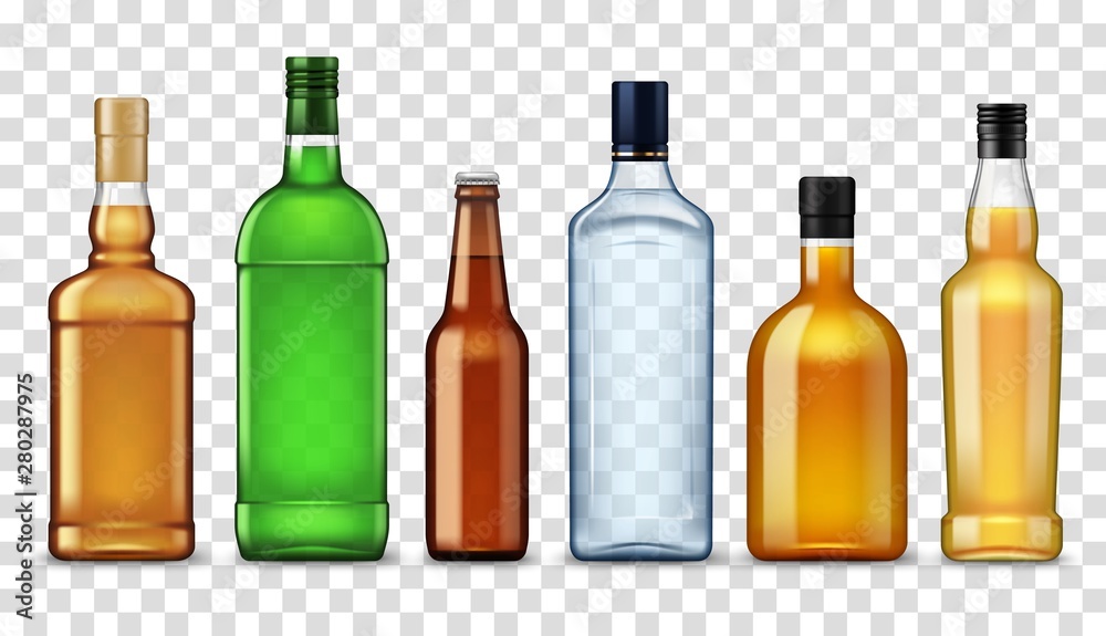 Alcohol drinks in bottles, isolated high spirits - obrazy, fototapety, plakaty 