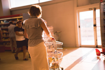 woman with a shopping cart in the food store