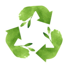 Watercolor Recycling Sign Isolated On White Background. Hand Drawn Reuse Symbol For Ecological Design. Zero Waste Lifestyle. 