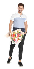 Sticker - Young handsome man with beautiful flower bouquet on white background