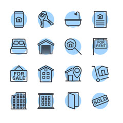 Aufkleber - Real Estate Related Vector Line Icons set. Contains such Icons as For Rent Sign, Bedrooms, Office, Location and more for graphic and web design.