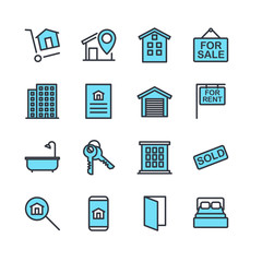 Aufkleber - Real Estate Related Vector Line Icons set. Contains such Icons as For Rent Sign, Bedrooms, Office, Location and more for graphic and web design.