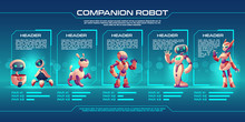 Companion robot evolution timeline infographics, Robotics progress stages from small droid to humanised cyborg. Game character unit design, level up upgrade guide with development steps Cartoon vector