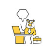 bear worker, businessman sitting and working with laptop speech bubble yellow stick figure